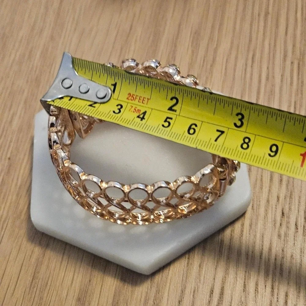 Gold Tone Filigree Yellow White Rhinestone Hinged Cuff Bracelet Crystal Glam